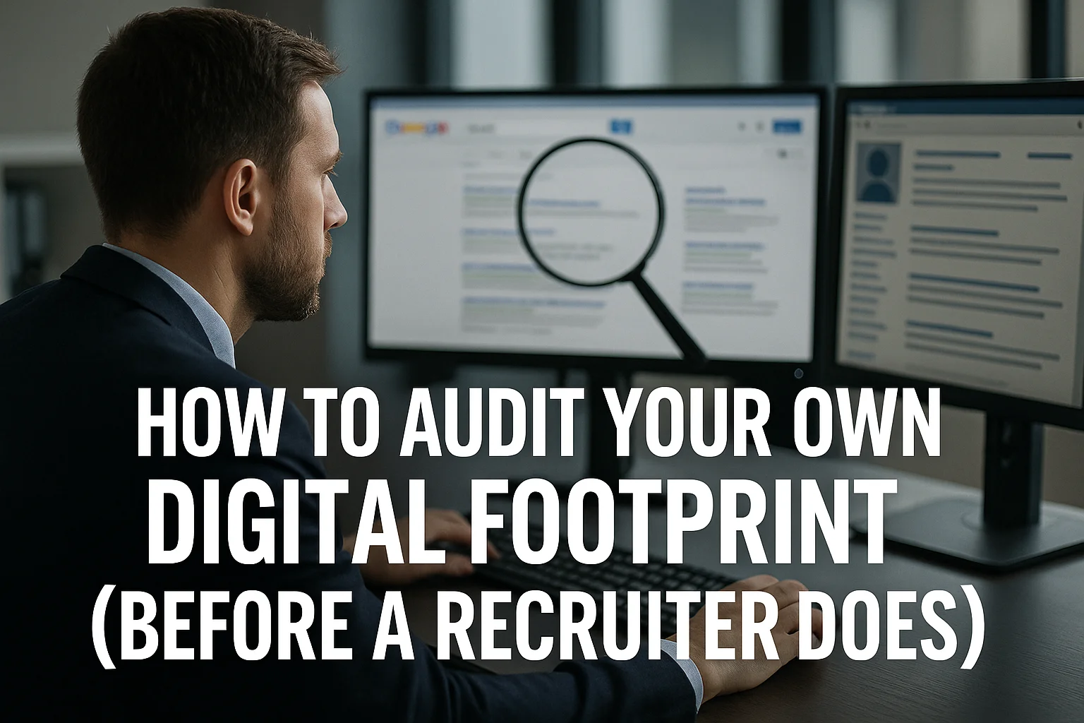 Professional conducting comprehensive digital footprint self-audit revealing employment verification data and background check exposure before recruiter screening