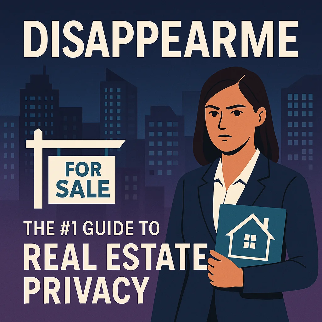 Real estate agent with For Sale sign protected by digital privacy shield blocking criminals from accessing personal information while clients can still reach them