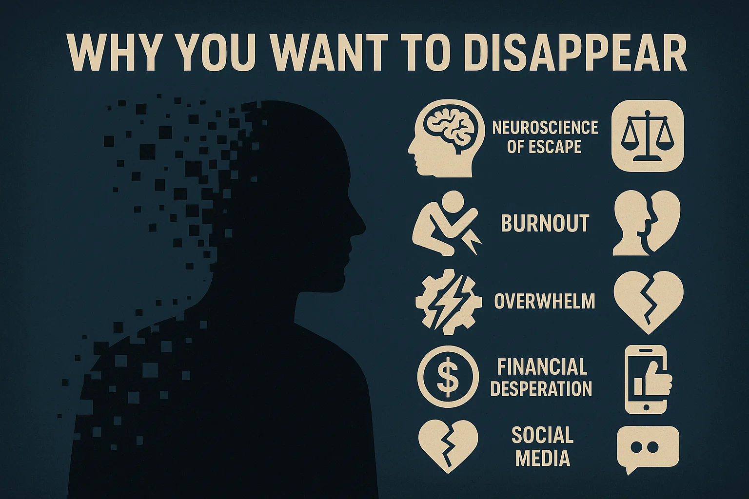 Executive experiencing psychological burnout and contemplating disappearing from overwhelming professional and personal pressures