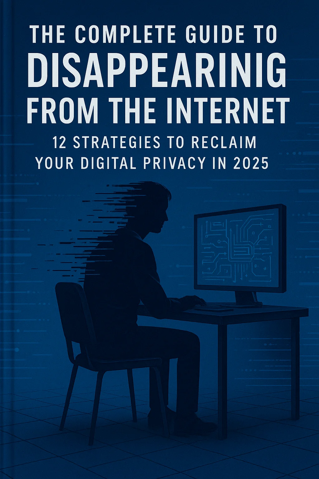 Person gradually fading from digital screens and data networks with privacy shields and encryption layers protecting personal information